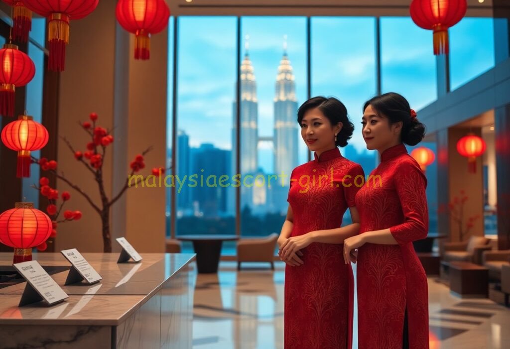 Two women in red cheongsams in a hotel lobby decorated with red lanterns, with the Petronas Towers in the background.