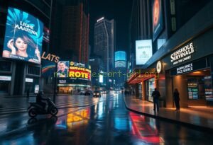 Night view of a busy street in Rome with Italian restaurants