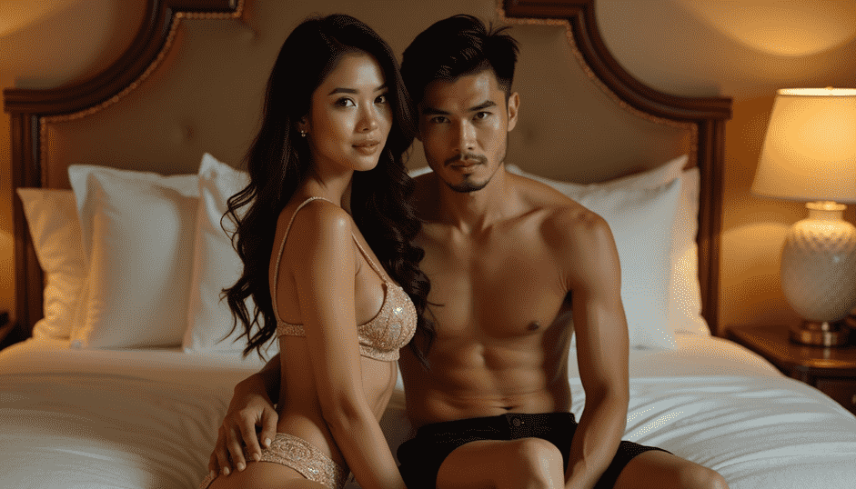 Couple posing on a bed, possibly related to KL Escort Girl or Malaysia Escort services.