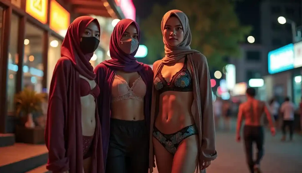 KL Escort Girl: Three women in hijabs and lingerie on a city street