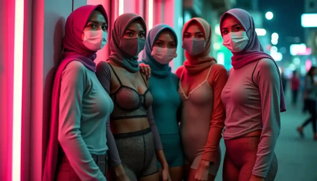 KL Escort Girl and Malaysia Escort women wearing masks and hijabs in a neon-lit city.