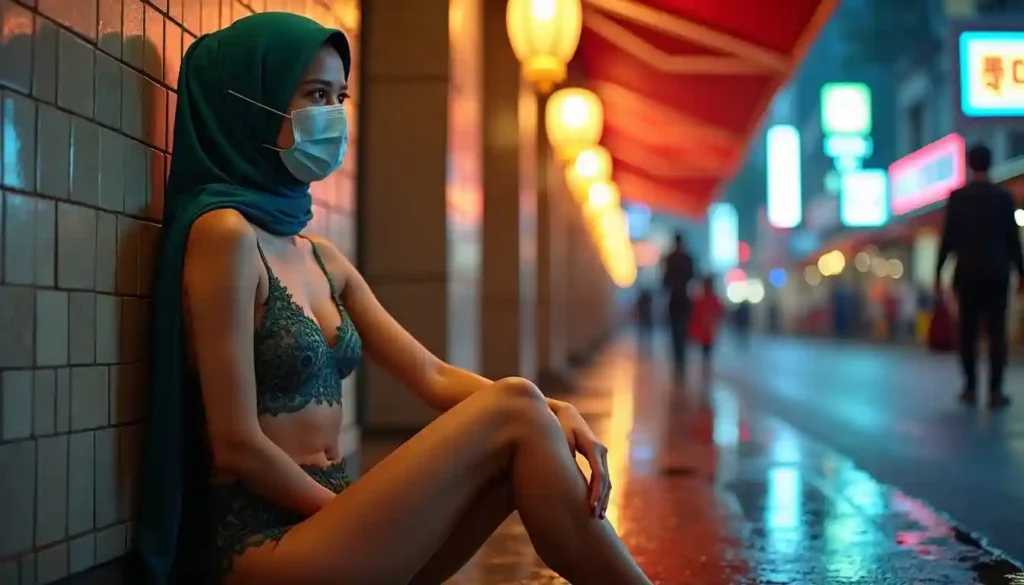 KL Escort Girl in hijab and mask, wet street background