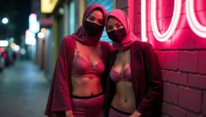 Two women in hijabs and masks pose in KL, offering Malaysia Escort and KL Girl Service.