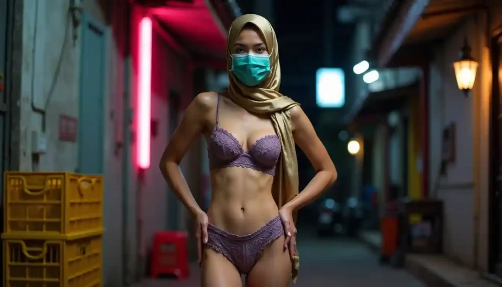 KL Escort Girl in lingerie and hijab with face mask, Malaysia Escort