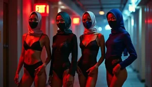 Four women in hijabs and masks, wearing lingerie, in a dimly lit hallway.